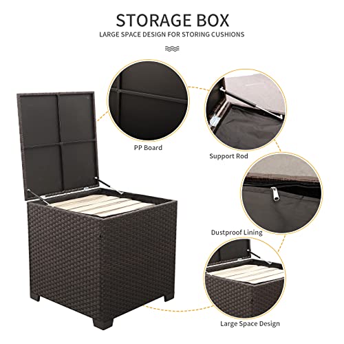 Patio Furniture Set 5 Pieces Outdoor Conversation Sets PE Rattan Couch Loveseat Resin Wicker Sectional Sofa with Storage Box Coffee Table and Propane Fire Pit, Khaki Cushion