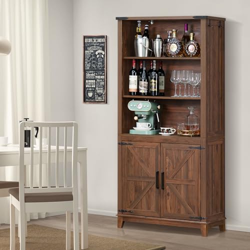 Farmhouse 70in Tall Bookshelf 5 Tier Bookcase, Barn Doors, Brown, view 7
