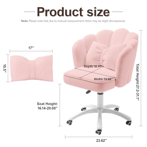 Petal Desk Chair with Bow Cushion Velvet Vanity Chair with Wheels, Upholstered Home Office Chair for Girls Women, Mid-Back Swivel Computer Task Chairs for Living Room Bedroom, Light Pink