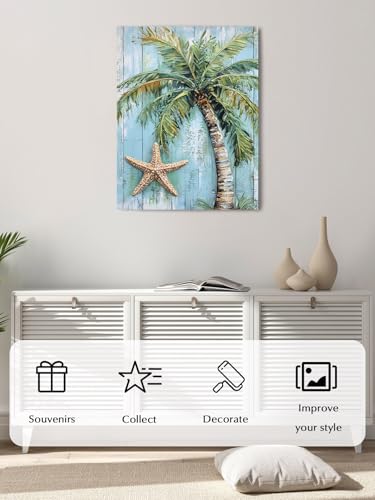NuYeBiofx Summer Coconut Tree Starfish Canvas Wall Art Prints,40"x28" Framed Picture Artwork Seaside Plant Blue Wood Plank Printed Canvas Oil Painting for Living Room Bedroom Office,Ready to Hang