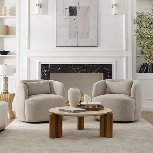 34" Wide Boucle Swivel Barrel Chairs Set of 2, No Assembly Round Upholstered Armchairs Accent Chairs Single Sofa Chair with Toss Pillow for Living Room and Bedroom, Taupe