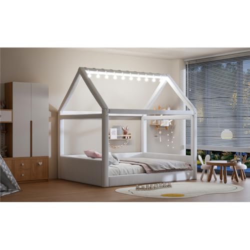 Full Size Upholstered House Daybed with LED Light Strips,Beige