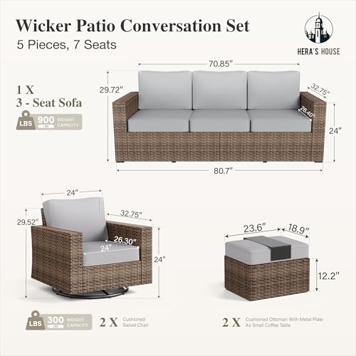 5-Piece Patio Furniture Set with Wide Arm, Grey | Outdoor Swivel Glide Chair +5.5” Washable Thick Cushions. All-Weather Yellow Wicker Conversation Sofa. for Deck Lawn &Garden