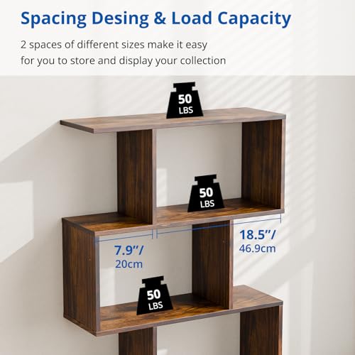 Set of 2 Geometric Bookcase, S-Shaped Modern Bookshelf, Room Divider Bookshelf, 62" Tall Unique Abstract Bookcase with 5-Tier Display Shelf for Living Room Office, Rustic Brown
