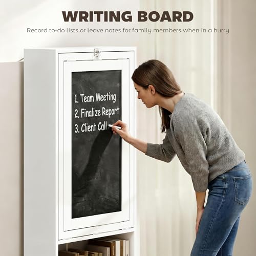 Foldable Convertible Writing Table, Wall Mounted Space-Saving Computer Desk with Chalkboard and Storage Shelves for Small Spaces, Home Office, Bedroom, Dorm, Apartment, White