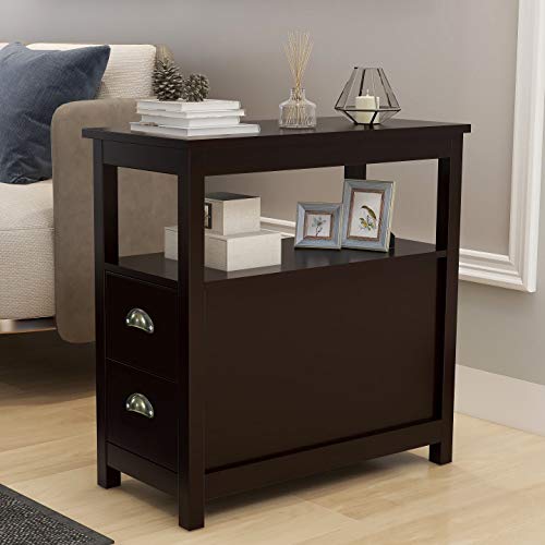 Brown retro narrow end table with two drawers and open shelf, view 2
