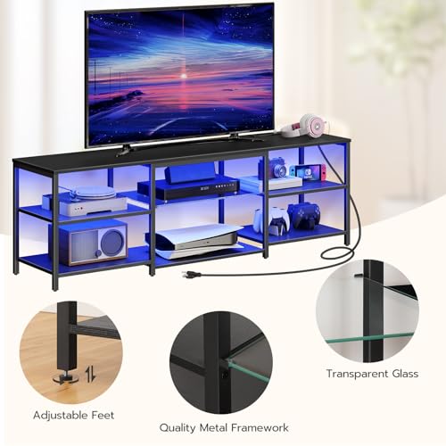LED TV Stand for 75 Inch TVs with Charging Station, Gaming Entertainment Center with 3-Tier Open Storage, Long 63” Media TV Console Table, TV Stand for Living Room, Bedroom, Black BB21UDDS01