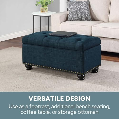 Designs4Comfort 7th Avenue Ottoman Bench 35.5" - Modern Upholstered Footstool & Seat with Hinged Lid & Storage, for Living Room, Bedroom, & Entryway, Dark Blue Fabric