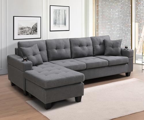 Sectional Sofa Couch, Modern 4-Seaters Living Room Furniture Sets with Reversible Chaise Lounge & 2 Pillows | L Shape Couch | Cup Holders | Linen Fabric, Gray