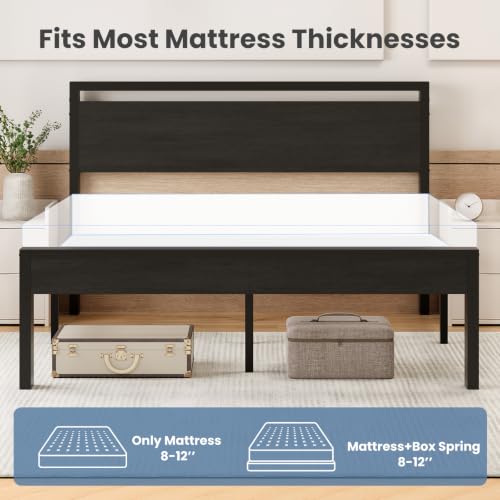 14 Inch Queen Bed Frame with Wood Headboard, Black, view 7