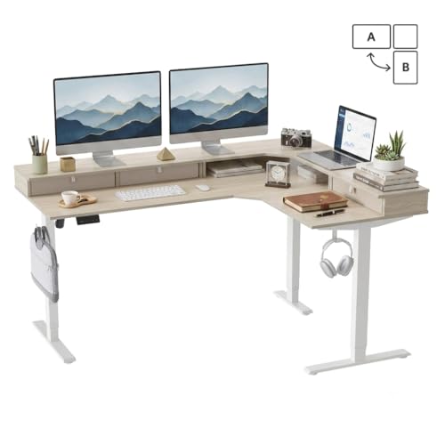 63"x48" L Shaped Standing Desk with Drawers & Shelf, Light Walnut, view 2