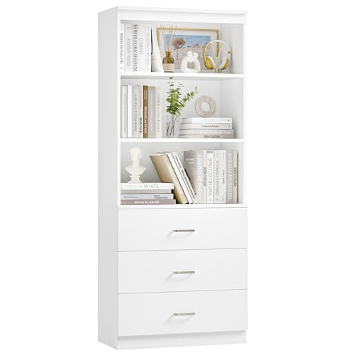71" H White Bookshelf with Drawers, Bookshelf and Bookcase with 3-Tier Open Shelves, Tall Bookshelf Tall Storage Cabinet for Home Office