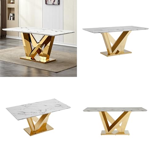 Marble Dining Table for 6 People, 70'' Rectangle Faux Marble Dining Table with Mirrored Stainless Steel Base, Large Size Marble Kitchen Table (Gold,White)(ONLY Table)