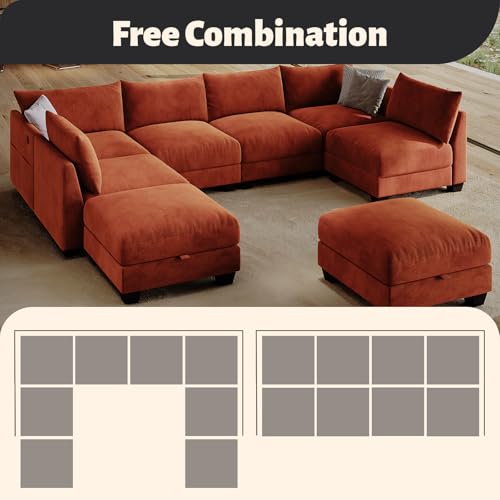 124" Modular Sectional Sofa, Modern Chenille U-Shaped 8 Seater Sectional Sofa with Storage Ottoman & USB Ports, L-Shaped Cloud Couch Orange Sectional Couch for Living Room(Orange)