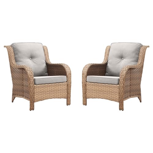 Patio Furniture Chairs Outdoor Chair - 2 Piece Wicker Rattan Chairs Set with High Back and Deep Seating for Deck Porch Balcony Backyard Garden(Yellow/Beige)