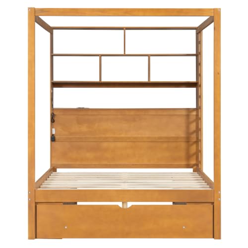 Full Size Wooden Canopy Bed Frame with Bookcase Headboard, Walnut, view 8