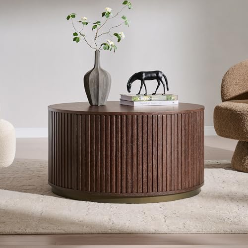 33" Round Coffee Table with Storage, Natural Walnut | Fluted Drum Coffee Table, Hidden Push-to-Open Drawer