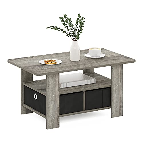 Andrey Coffee Table with Bin Drawer, French Oak Grey/Black | 2x Bin Drawers, Soft-Corner, Rectangular Side Table for Living Room, Bedroom, Home Office