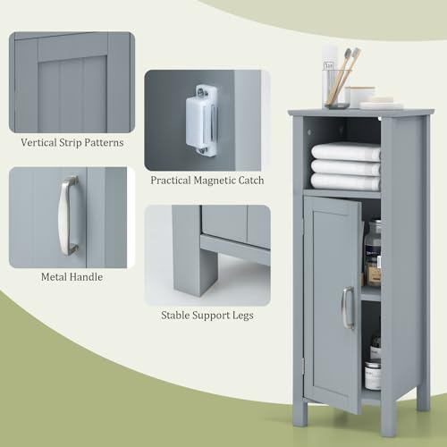 LUARANE Wooden Bathroom Floor Storage Cabinet, Side Storage Organizer Cabinet with 1 Door Open Shelf Adjustable Shelves, Small Free Standing Sideboard for Entryway Living Room Kitchen (Gray)