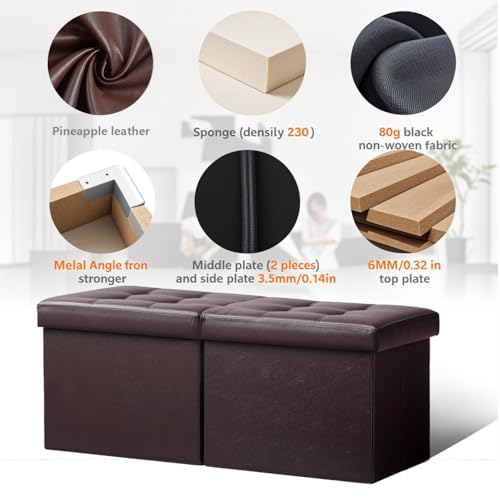 Footrest Ottoman Bench with Storage,34Inch Brown Leather Footstool, Coffee Table, Padded Seat, Storage Chest,Blanket Store with Flipping Lid for Livingroom and Bedroom