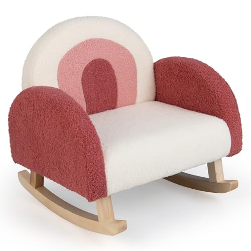 Toddler Rocking Chair, Kids Rocker with Solid Wood Frame & Plush Fabric, Anti-Tipping Design, Toddler Couch for Kids Room, Playroom, Nursery, Bedroom (Red)