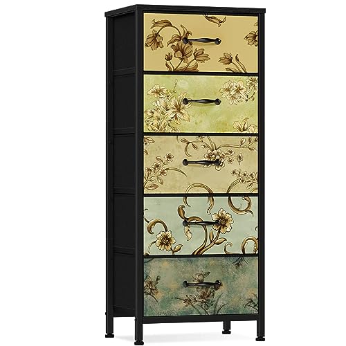 Vertical Dresser for Bedroom, Tall Skinny Storage Tower with 5 Fabric Drawers, Chest of Drawers for Living Room, Dorm, Entryway, Vintage Furniture, Wood Top