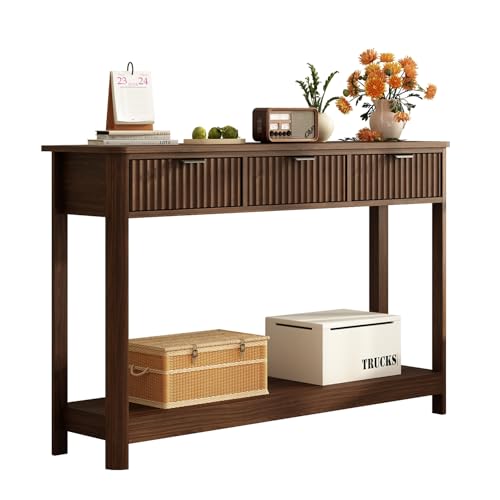 Fluted Wood Console Table with 3 Drawers, Boho Narrow Behind Couch Entryway Table with Open Storage Shelf, Modern Sofa Table for Living Room, Foyer and Hallway (Dark Walnut)