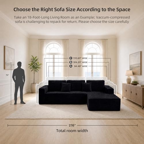104" Boneless Couch, Cloud Couch Sectional, L-Shape Corduroy Modular Sectional Sofa Deep Seat, Upholstered Couches for Living Room, No Assembly Required, Black, Right Facing Chaise