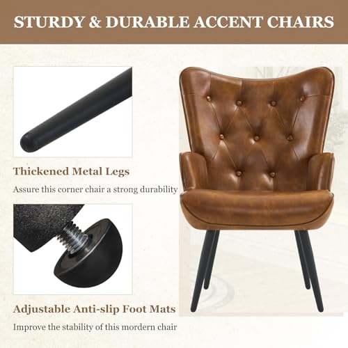 Accent Chairs Set of 2, Brown PU Leather Reading Armchair with High Backrest, Wingback Corner Chair Mid Century Modern for Living Room, Bedroom, Waiting Room