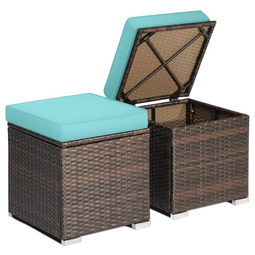 Wicker Outdoor Storage Ottoman, 2-Piece Rattan Footstool w/Removable Cushion, Multipurpose Footrest Stool Side Table Additional Seating, Set of 2 Outdoor Ottomans for Patio Deck (Turquoise)
