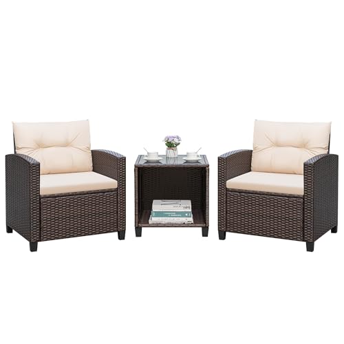 3 Pieces Patio Furniture Sets Outdoor PE Rattan Wicker Chairs with Soft Cushion and Glass Coffee Table for Garden Backyard Porch Poolside, Beige