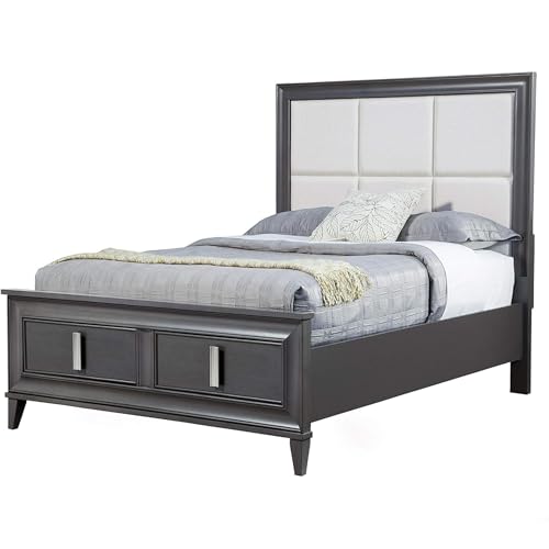 Queen Platform Bed Upholstered Dark Grey Linen Frame Modern Low Profile Sleek, view 2