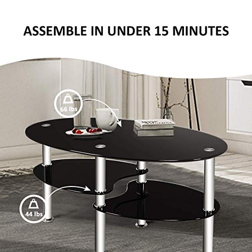 Glass Coffee Table, 3-Tier Modern Oval Smooth Glass Tea Table Center Table End Table with Open Storage Shelf,Sturdy Steel Legs for Living Room,Home,Office,Cocktail Tea Table (Black)