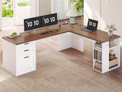 Farmhouse 67" L Shaped Desk with 3 Drawers, White Corner Computer Desk with Storage Shelves, Home Office Desks with Power Outlets,Executive Desk for Home Office, White and Brown