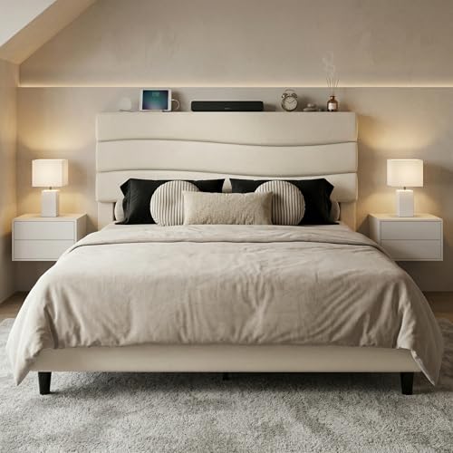Queen Size Bed Frame with Upholstered Headboard & Charging Station, view 7