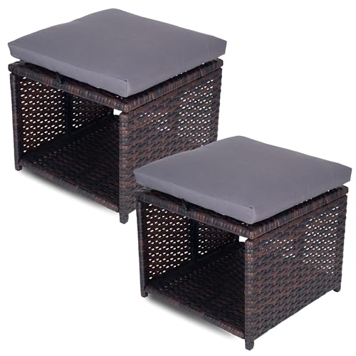 Outdoor Storage Ottoman (Set of 2) - All-Weather Wicker Patio Footstool with Washable Cushions - Sturdy Rattan Foot Rest & Hidden Box for Deck, Porch, Backyard & Balcony