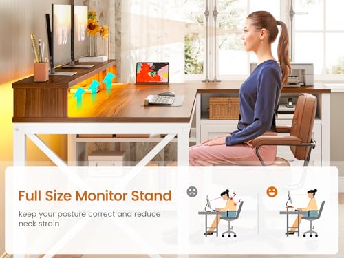 Farmhouse L Shaped Desk, 55" Home Office Desk with Drawers and Storage Shelves, L Shaped Gaming Desk with LED Lights, Power Outlet and Monitor Shelf, Brown