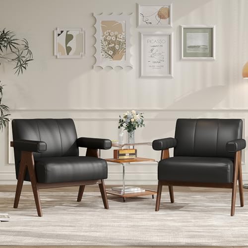 Mid Century Modern Accent Chair Set of 2, Black Leather Office Reading Accent Chairs, Small Comfy Side Arm Chairs for Living Room Bedroom, Wood Arms (2, Black)