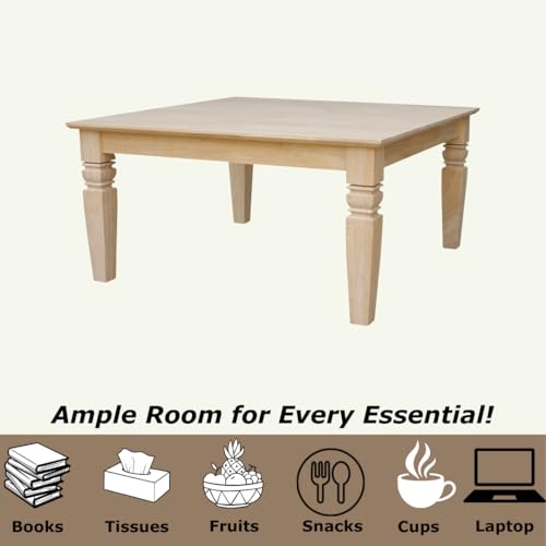 International Concepts, 18"H Java Square Coffee Table, Farmhouse, Living Room Furniture, Sturdy Solid Parawood, Paint or Stain in Any Color, Easy Assembly, Unfinished