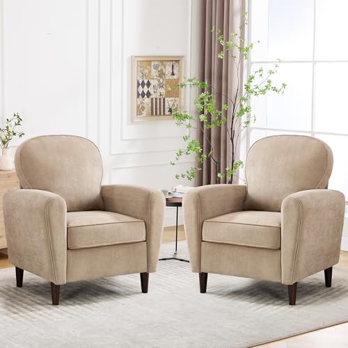 Accent Chair Set of 2, Mid Century Modern Arm Chair with Thick Cushion and Back, Comfy Upholstered Reading Chair Single Sofa Chair for Living Room, Bedroom, Club, Khaki