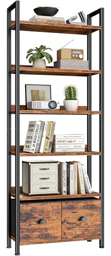 6-Tier Bookshelf, Tall 71" Rustic Bookcase with 2 Drawers Storage Organizer, Industrial Display Free Standing Shelf Units, Wood and Metal Storage Rack for Home Office, Bedroom, Rustic Brown | Bookcase