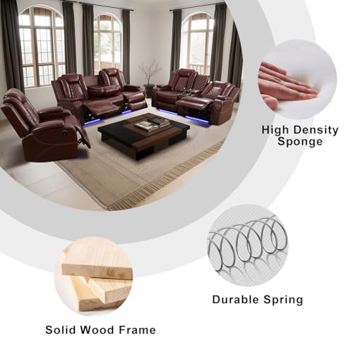 Living Room Set Brown Breathing Leather Sofa Living Room Furniture Set Power Recliner Manual Sofa,Loveseat and Chair with Cup Holders/Storage Console/LED Light for Living Room