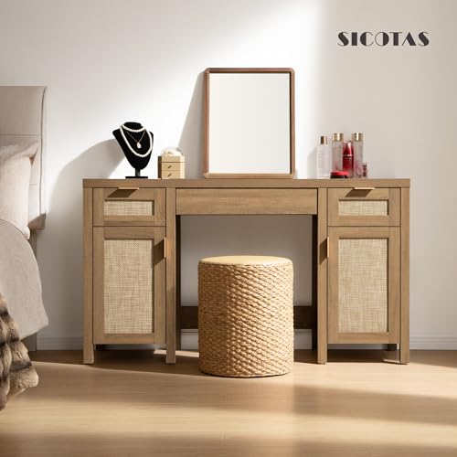 Rattan Vanity Home Office Desk 52" Vanity Table with 3 Drawers, view 7