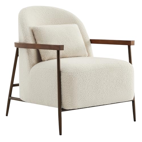 CHITA Accent Chair for Living Room, FSC Certified Modern Upholstered Faux Sherpa Fabric Armchair with Metal Frame and Wooden Armrests, Ivory