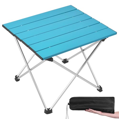 Portable Camping Table with Aluminum Table Top, Folding Beach Table Easy to Carry, Prefect for Outdoor, Picnic, BBQ, Cooking, Festival, Beach, Home (Deep Blue-S)