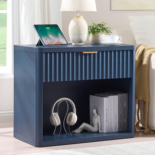 Blue wide fluted nightstand with charging station and golden handle, view 2