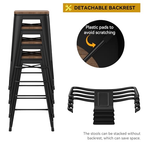 Matte black low back metal counter stools with wooden seat, set of 4, view 7