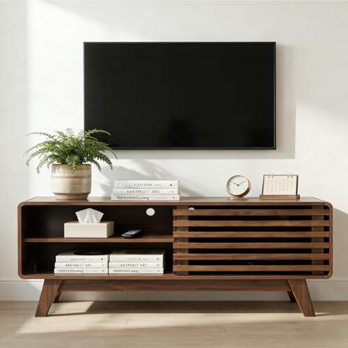 46" Mid-Century Modern TV Stand with Slatted Sliding Doors, view 2