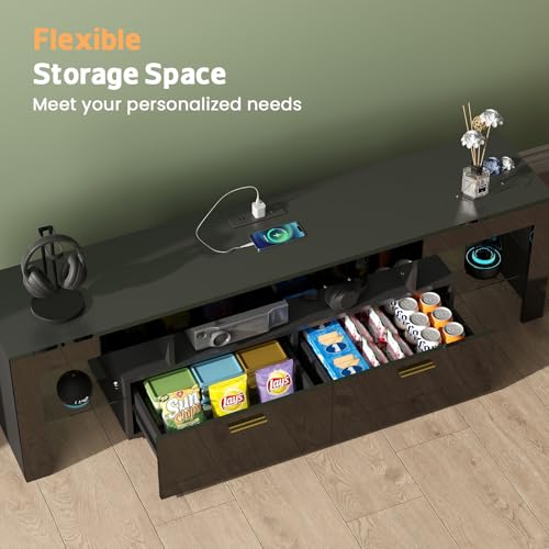 TV-Stand with Mount 75 inch - LED TV Stand with Power Outlet & Drawers, Modern Entertainment Center with Mount for Living Room, Bedroom, Black