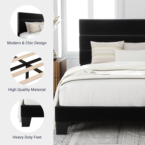 Queen Size Platform Bed Frame with Velvet Upholstered Headboard, view 7